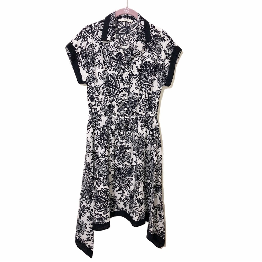 Pell & Co Black White Floral Shirtdress Size 2 Cotton Shark Bite Scarf Hem